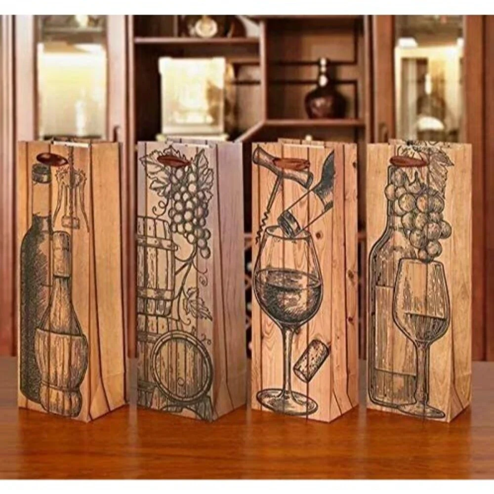 Set of 4 Elegant Wine Gift Bags w/ Bonus Corkscrew Bottle - Printed Luxury Bags